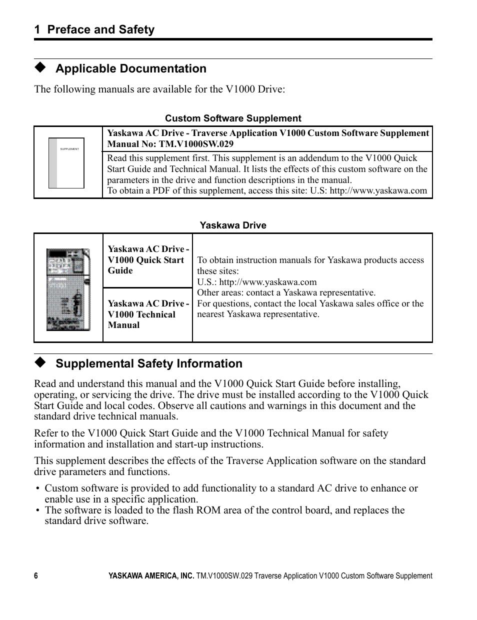 Applicable documentation, Supplemental safety information | Yaskawa V1000 Traverse Application Custom User Manual | Page 6 / 20