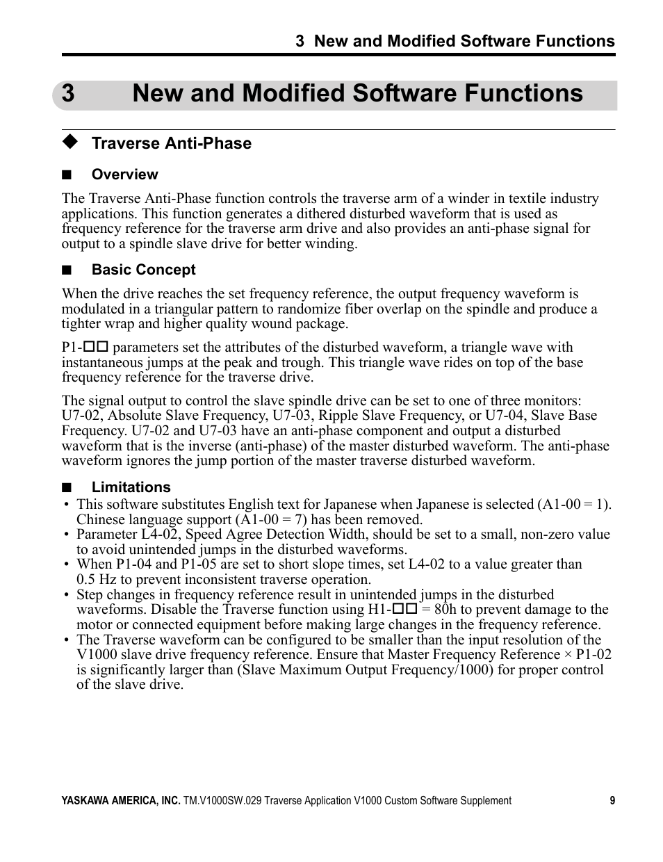 3 new and modified software functions, Traverse anti-phase, 3new and modified software functions | Yaskawa V1000 Traverse Application Custom User Manual | Page 9 / 20
