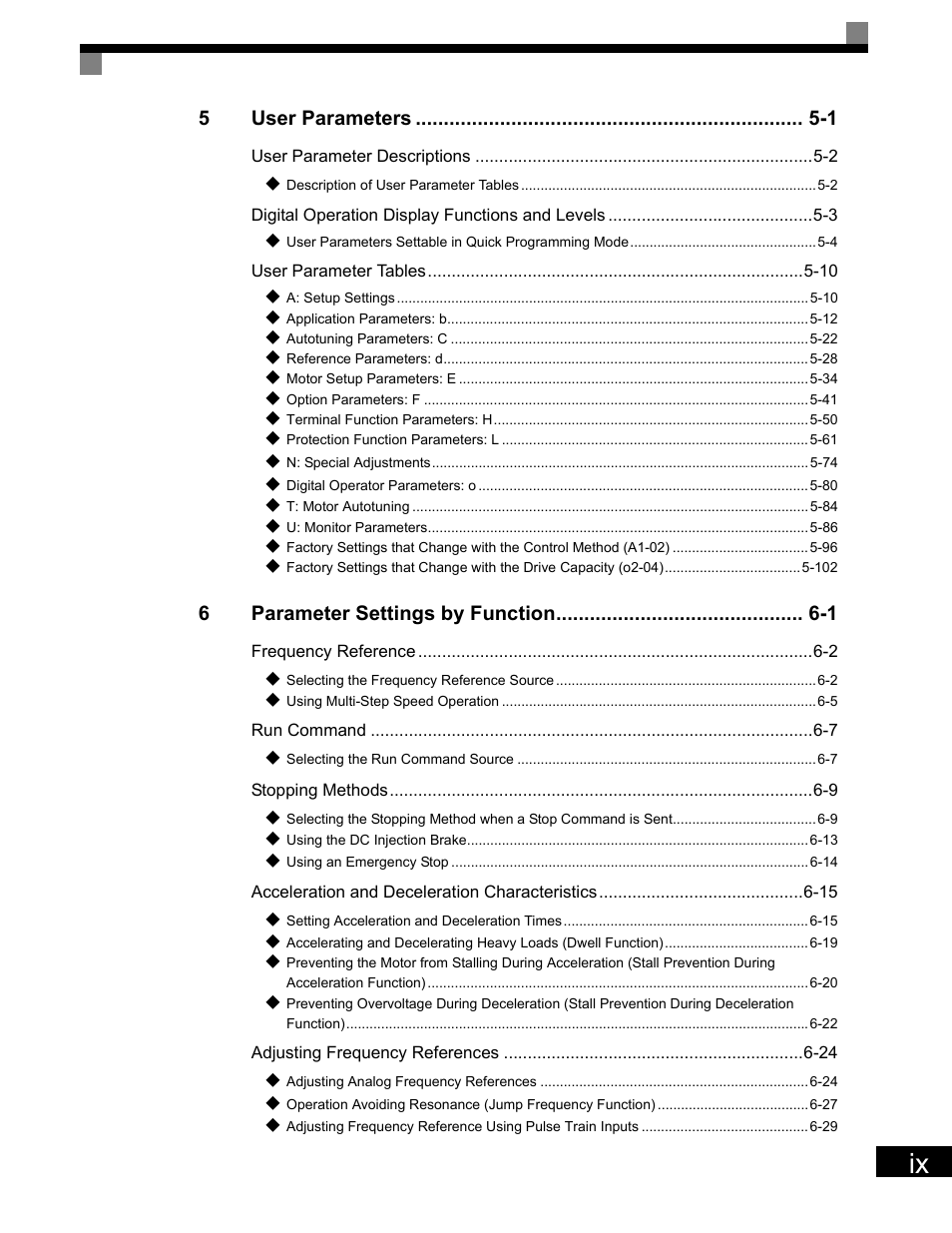 5user parameters -1, 6parameter settings by function -1 | Yaskawa G7 Drive User Manual | Page 10 / 454