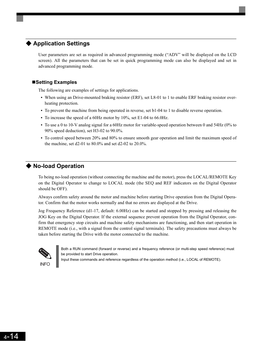 Setting examples, No-load operation, No-load operation -14 | Application settings | Yaskawa G7 Drive User Manual | Page 103 / 454