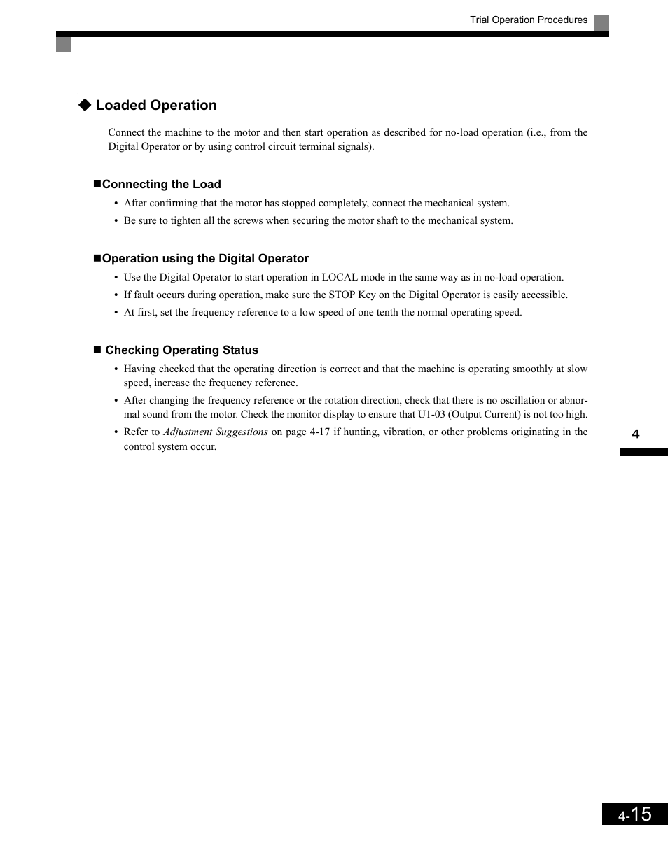 Loaded operation, Connecting the load, Operation using the digital operator | Loaded operation -15 | Yaskawa G7 Drive User Manual | Page 104 / 454