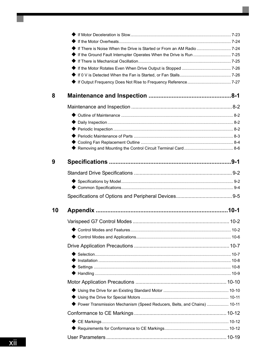 8maintenance and inspection -1, 9specifications -1, 10 appendix -1 | Yaskawa G7 Drive User Manual | Page 13 / 454