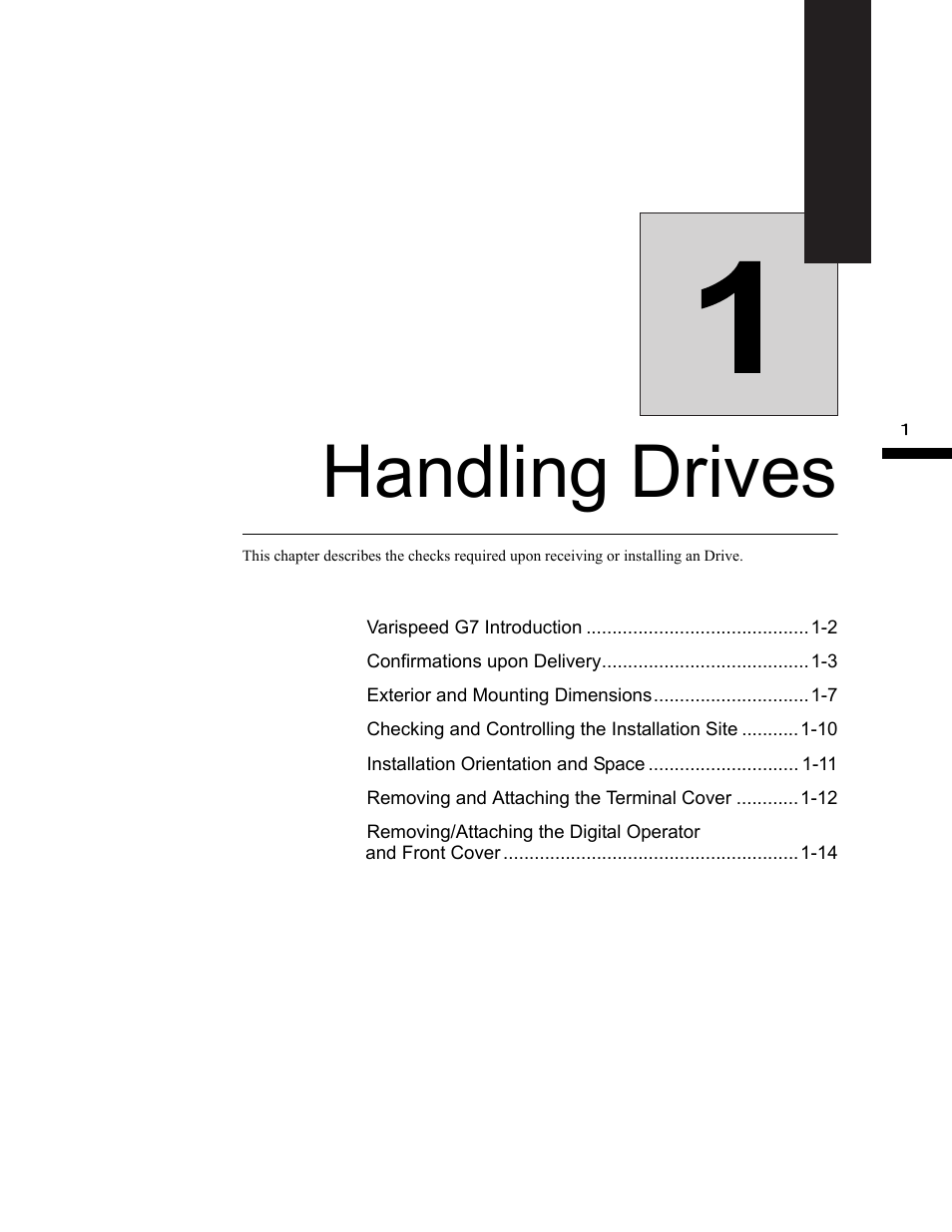 Handling drives, Handling drives -1 | Yaskawa G7 Drive User Manual | Page 14 / 454