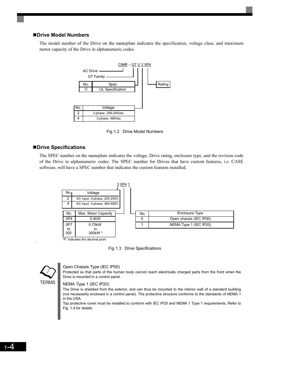 Drive specifications, Drive model numbers | Yaskawa G7 Drive User Manual | Page 17 / 454