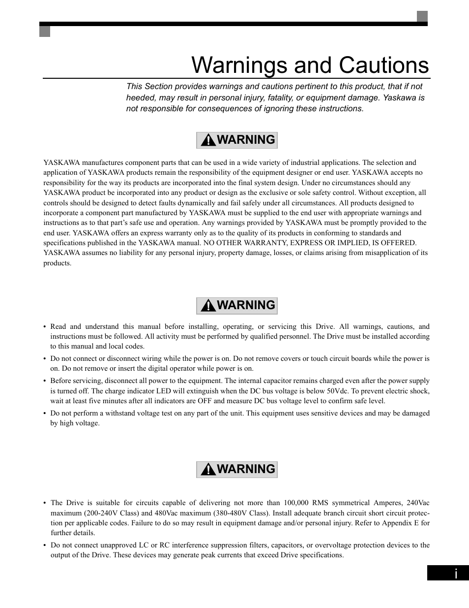 Warnings and cautions, Warning | Yaskawa G7 Drive User Manual | Page 2 / 454