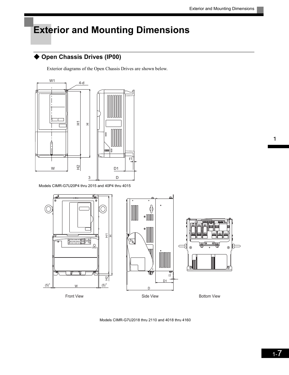 Exterior and mounting dimensions, Open chassis drives (ip00), Exterior and mounting dimensions -7 | Yaskawa G7 Drive User Manual | Page 20 / 454