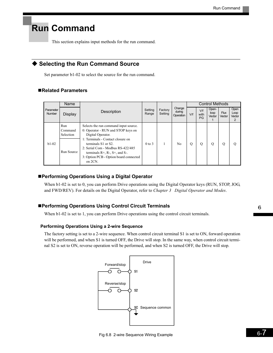 Run command, Selecting the run command source, Related parameters | Performing operations using a digital operator, Performing operations using a 2-wire sequence, Run command -7 | Yaskawa G7 Drive User Manual | Page 224 / 454