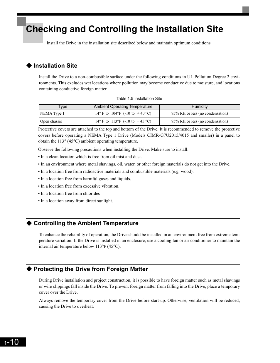 Checking and controlling the installation site, Installation site, Controlling the ambient temperature | Protecting the drive from foreign matter, Controlling the ambient temperature -10, Protecting the drive from foreign matter -10, Checking and controlling the installation site -10 | Yaskawa G7 Drive User Manual | Page 23 / 454