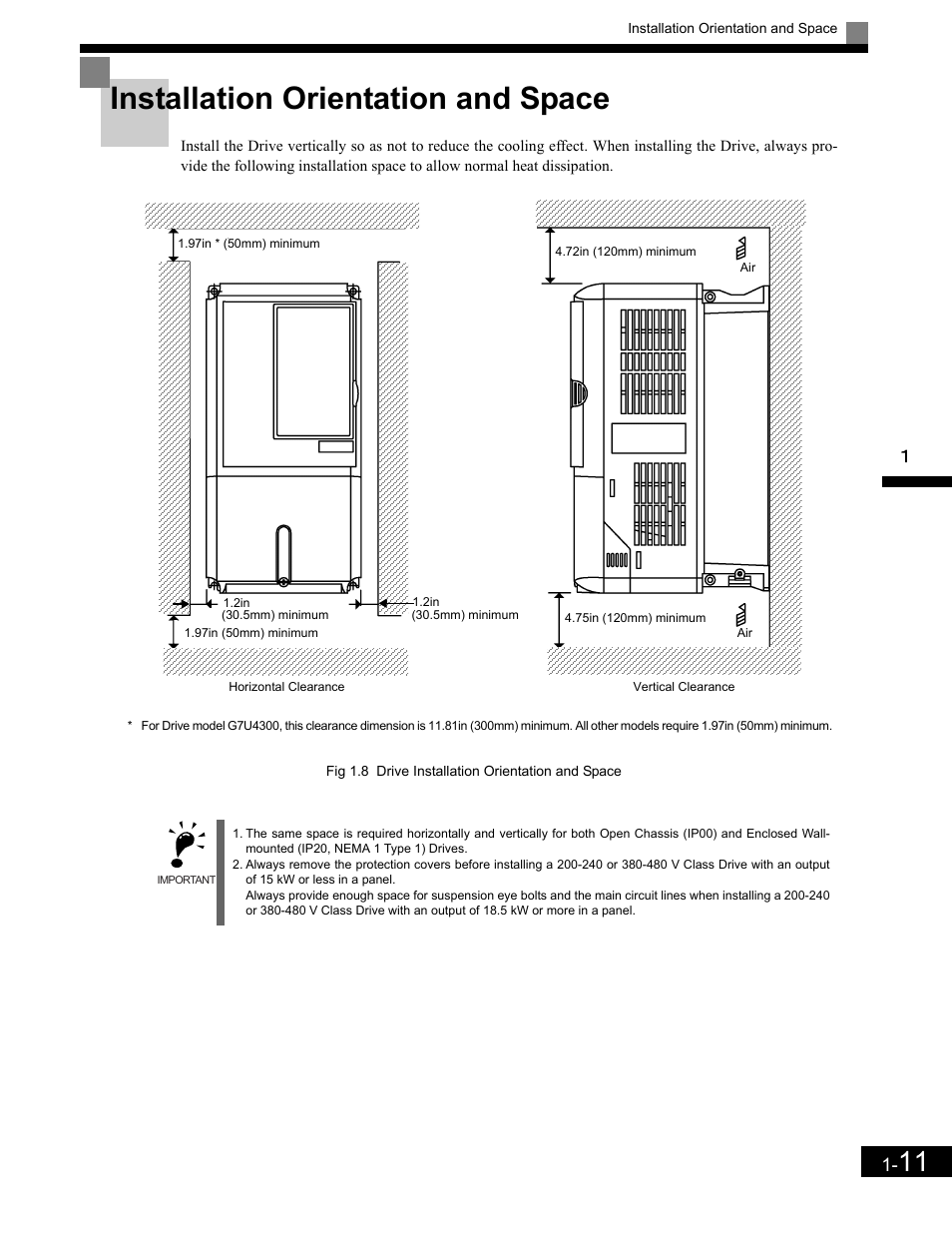 Installation orientation and space, Installation orientation and space -11 | Yaskawa G7 Drive User Manual | Page 24 / 454