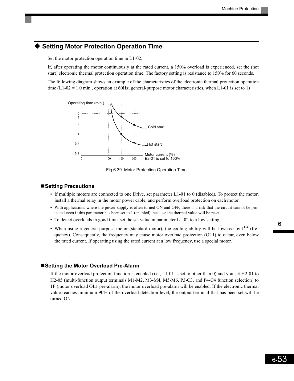 Setting motor protection operation time, Setting precautions, Setting the motor overload pre-alarm | Setting motor protection operation time -53 | Yaskawa G7 Drive User Manual | Page 270 / 454