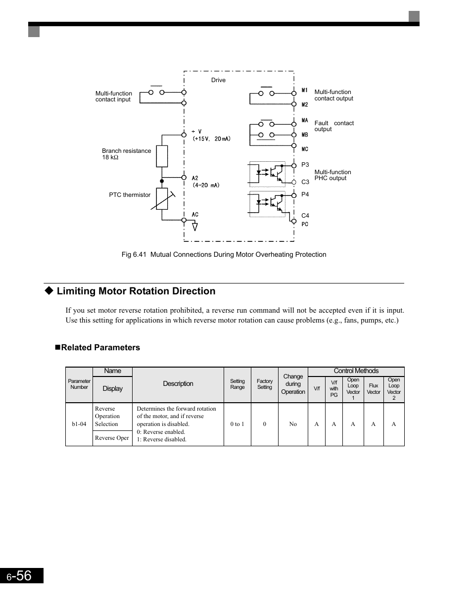 Limiting motor rotation direction, Related parameters, Limiting motor rotation direction -56 | Yaskawa G7 Drive User Manual | Page 273 / 454