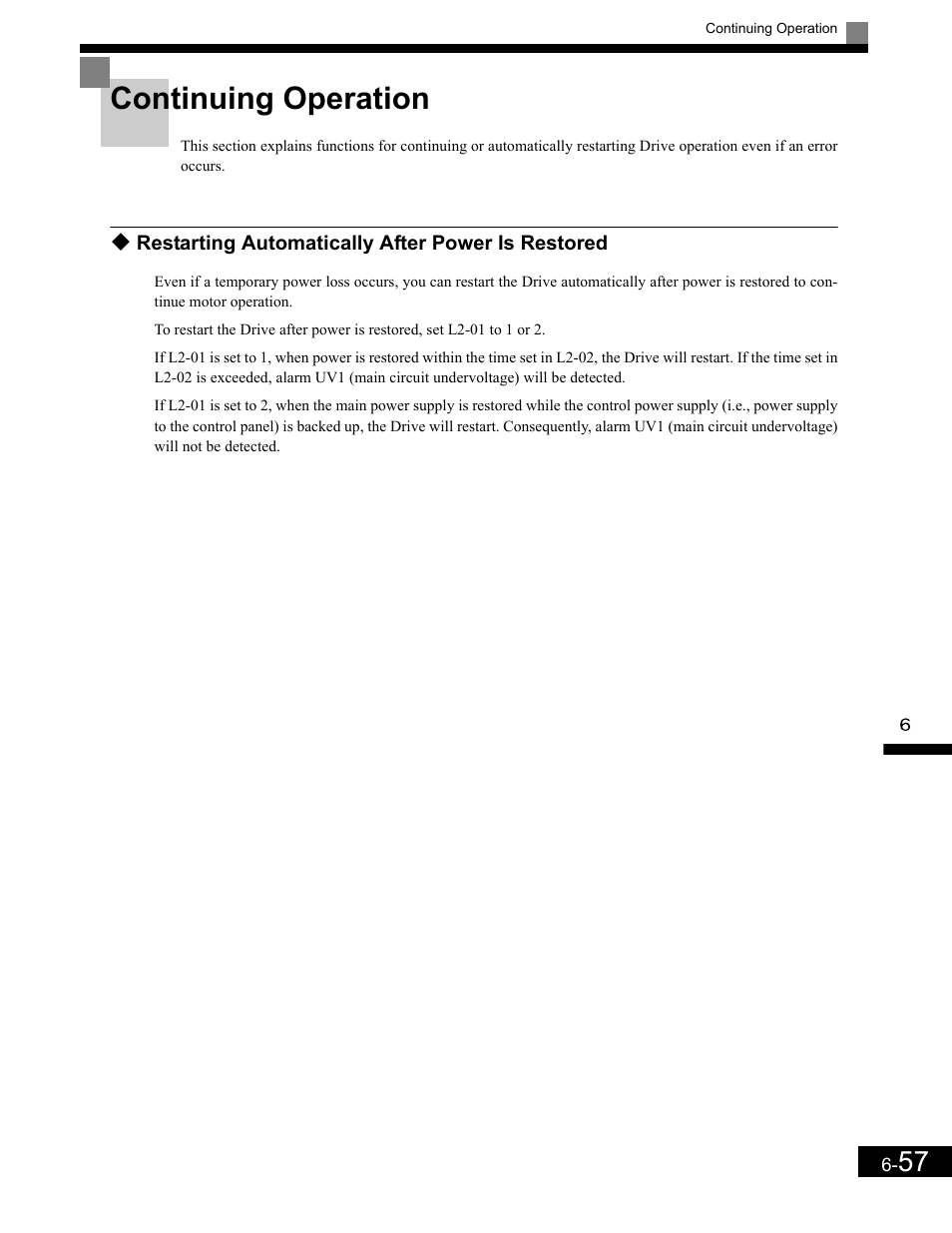 Continuing operation, Restarting automatically after power is restored, Continuing operation -57 | Yaskawa G7 Drive User Manual | Page 274 / 454