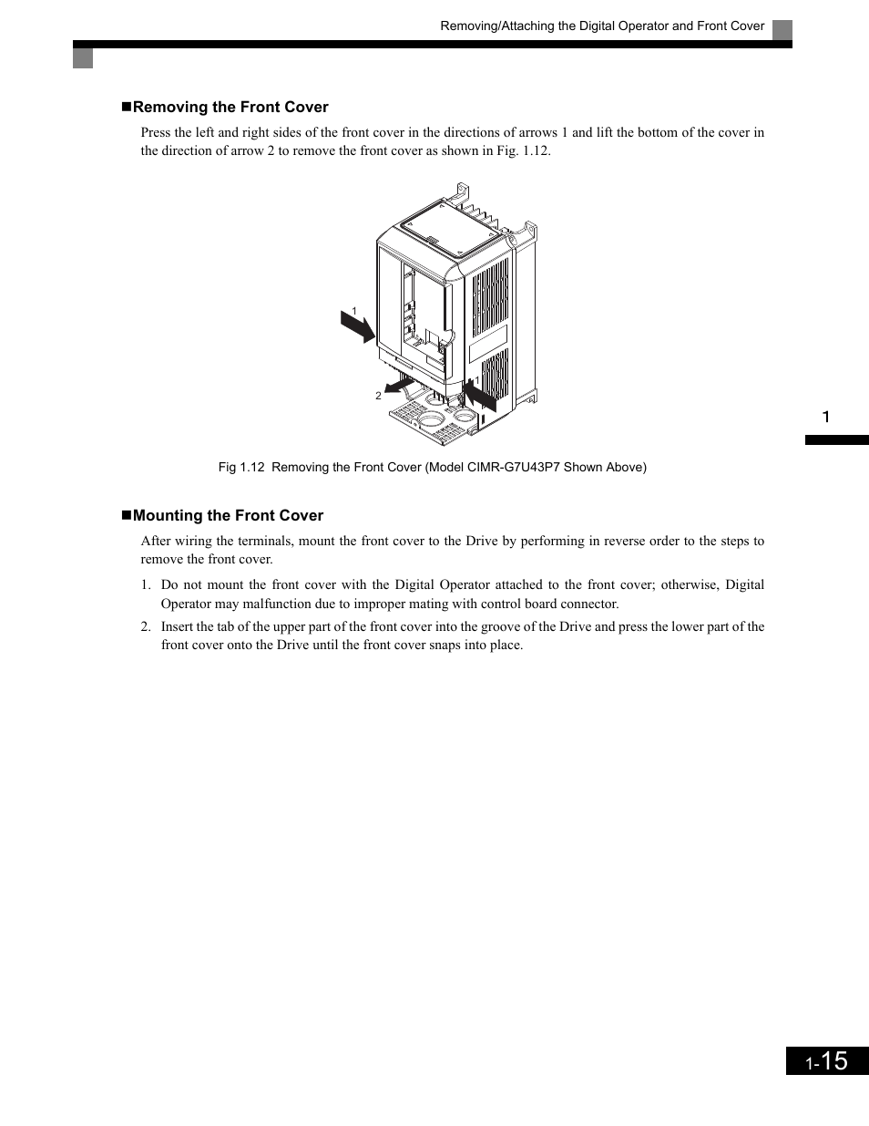 Mounting the front cover | Yaskawa G7 Drive User Manual | Page 28 / 454