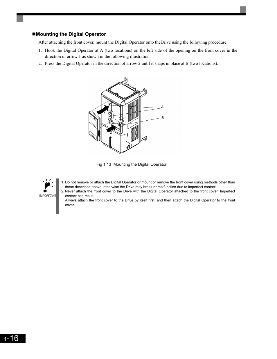 Mounting the digital operator | Yaskawa G7 Drive User Manual | Page 29 / 454