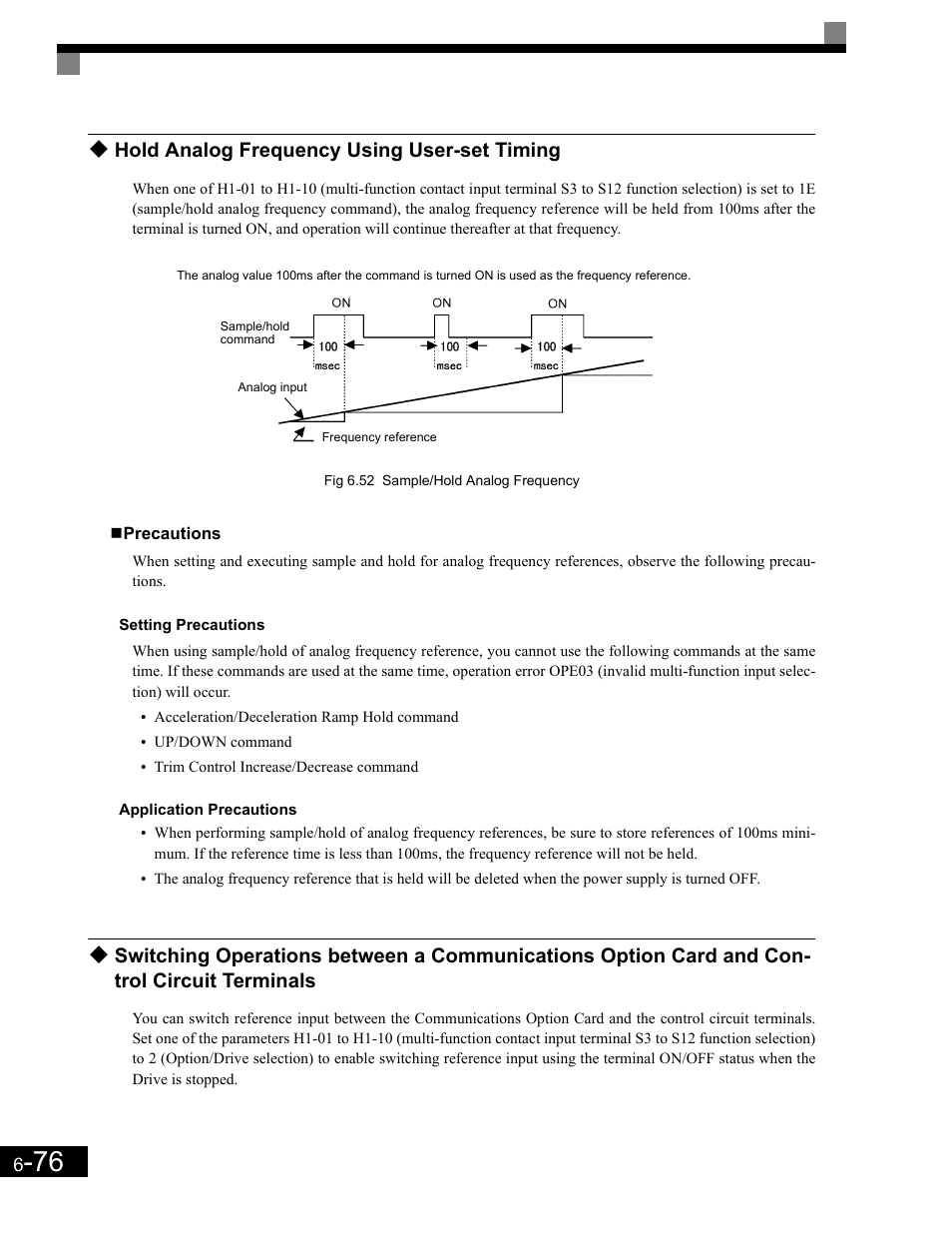 Precautions, Setting precautions, Application precautions | Hold analog frequency using user-set timing | Yaskawa G7 Drive User Manual | Page 293 / 454