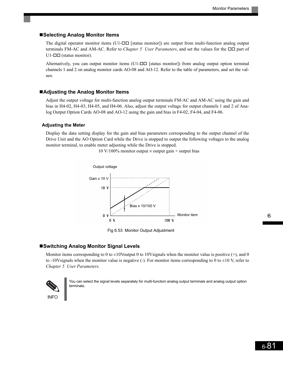 Selecting analog monitor items, Adjusting the meter, Switching analog monitor signal levels | Yaskawa G7 Drive User Manual | Page 298 / 454