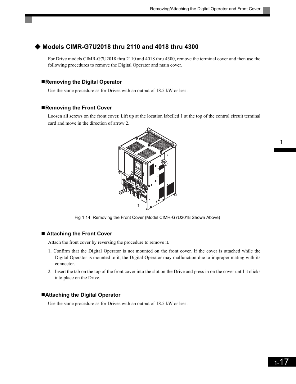 Removing the digital operator, Removing the front cover, Attaching the front cover | Attaching the digital operator | Yaskawa G7 Drive User Manual | Page 30 / 454