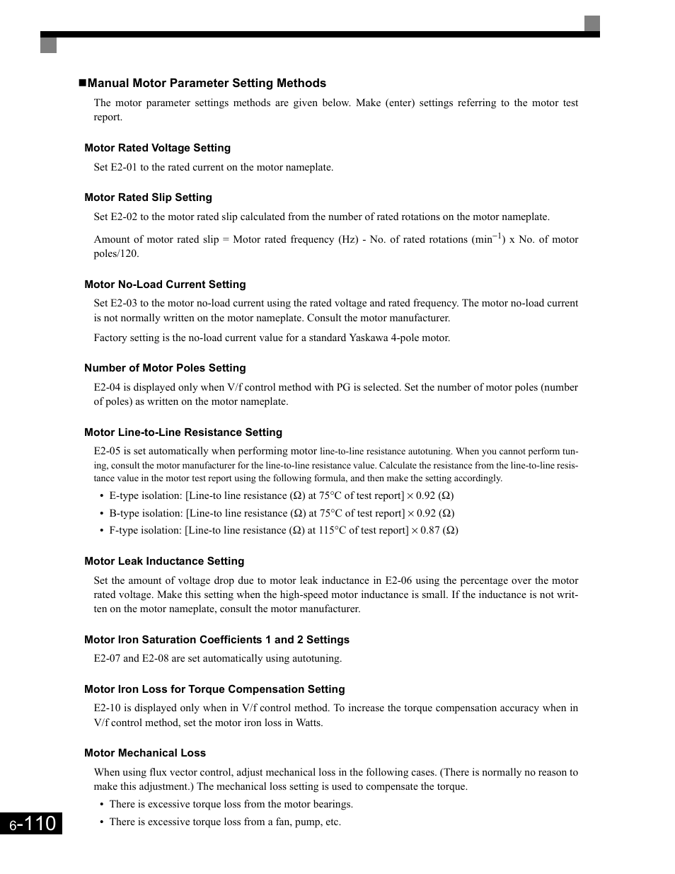 Manual motor parameter setting methods, Motor rated voltage setting, Motor rated slip setting | Motor no-load current setting, Number of motor poles setting, Motor line-to-line resistance setting, Motor leak inductance setting, Motor iron loss for torque compensation setting, Motor mechanical loss | Yaskawa G7 Drive User Manual | Page 327 / 454