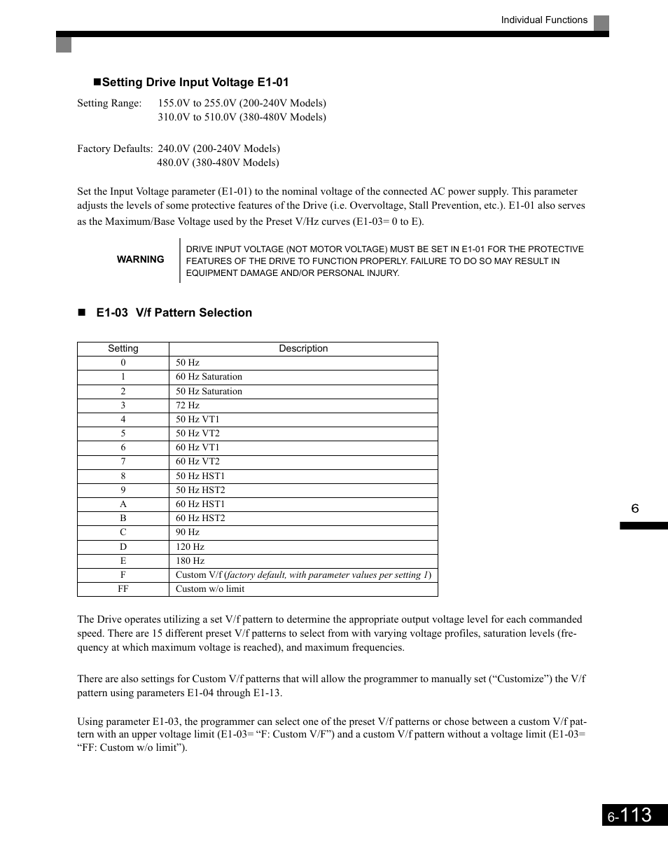 Setting drive input voltage e1-01, E1-03 v/f pattern selection | Yaskawa G7 Drive User Manual | Page 330 / 454