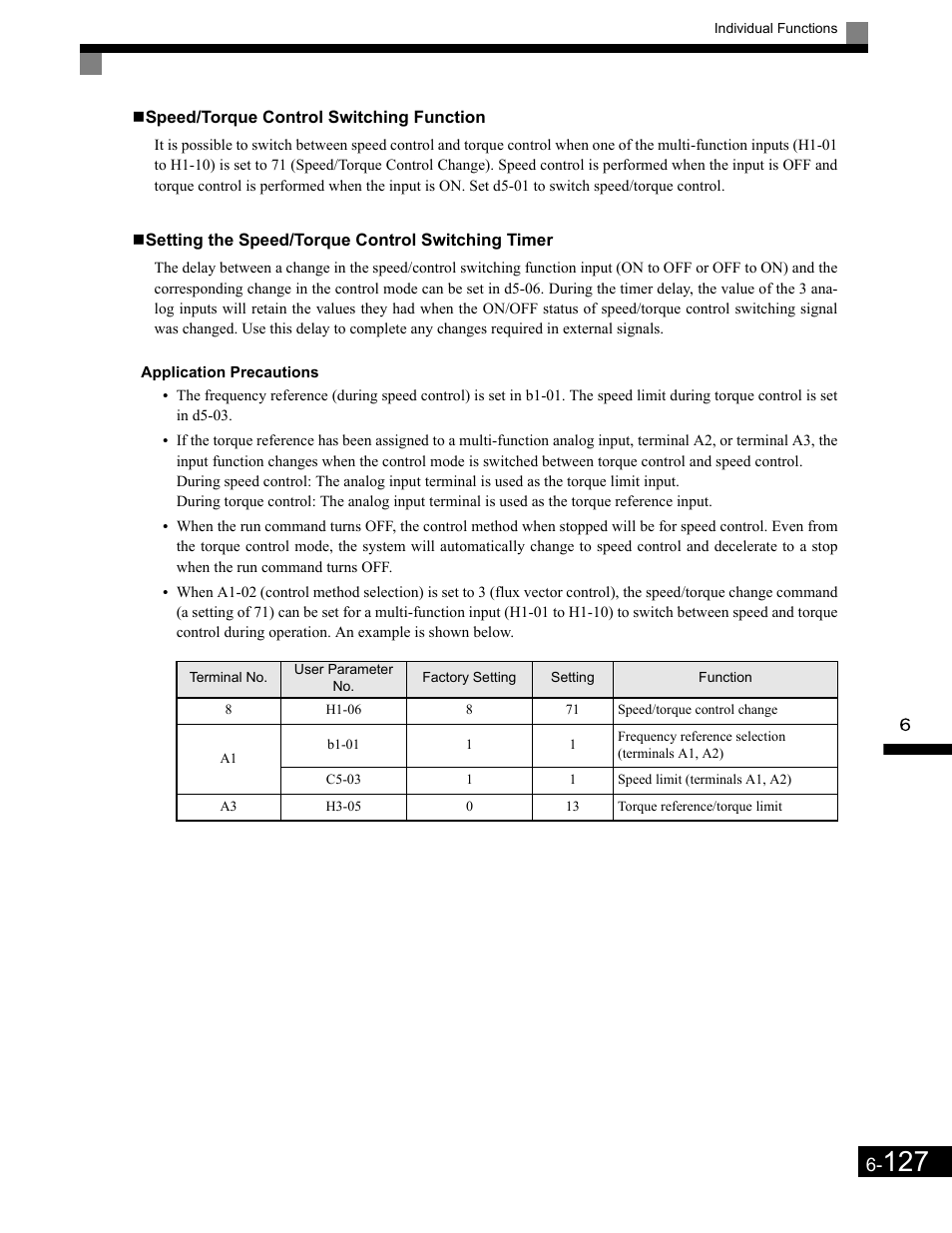 Speed/torque control switching function, Setting the speed/torque control switching timer, Application precautions | Yaskawa G7 Drive User Manual | Page 344 / 454