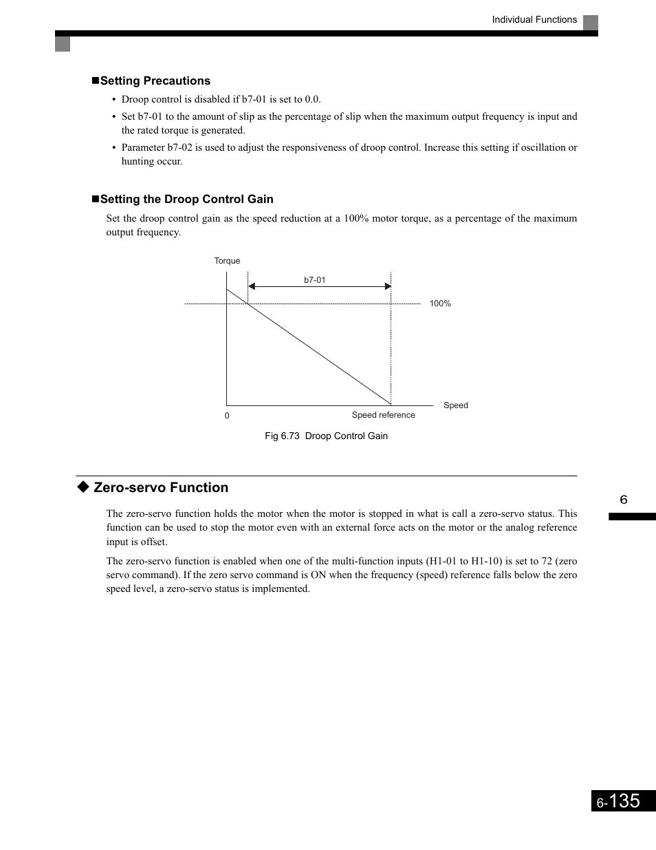 Setting precautions, Setting the droop control gain, Zero-servo function | Zero-servo function -135 | Yaskawa G7 Drive User Manual | Page 352 / 454