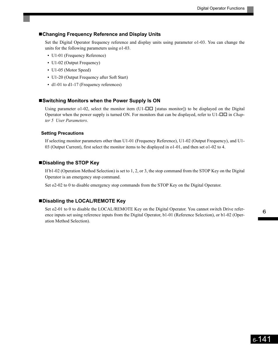 Changing frequency reference and display units, Switching monitors when the power supply is on, Setting precautions | Disabling the stop key, Disabling the local/remote key | Yaskawa G7 Drive User Manual | Page 358 / 454