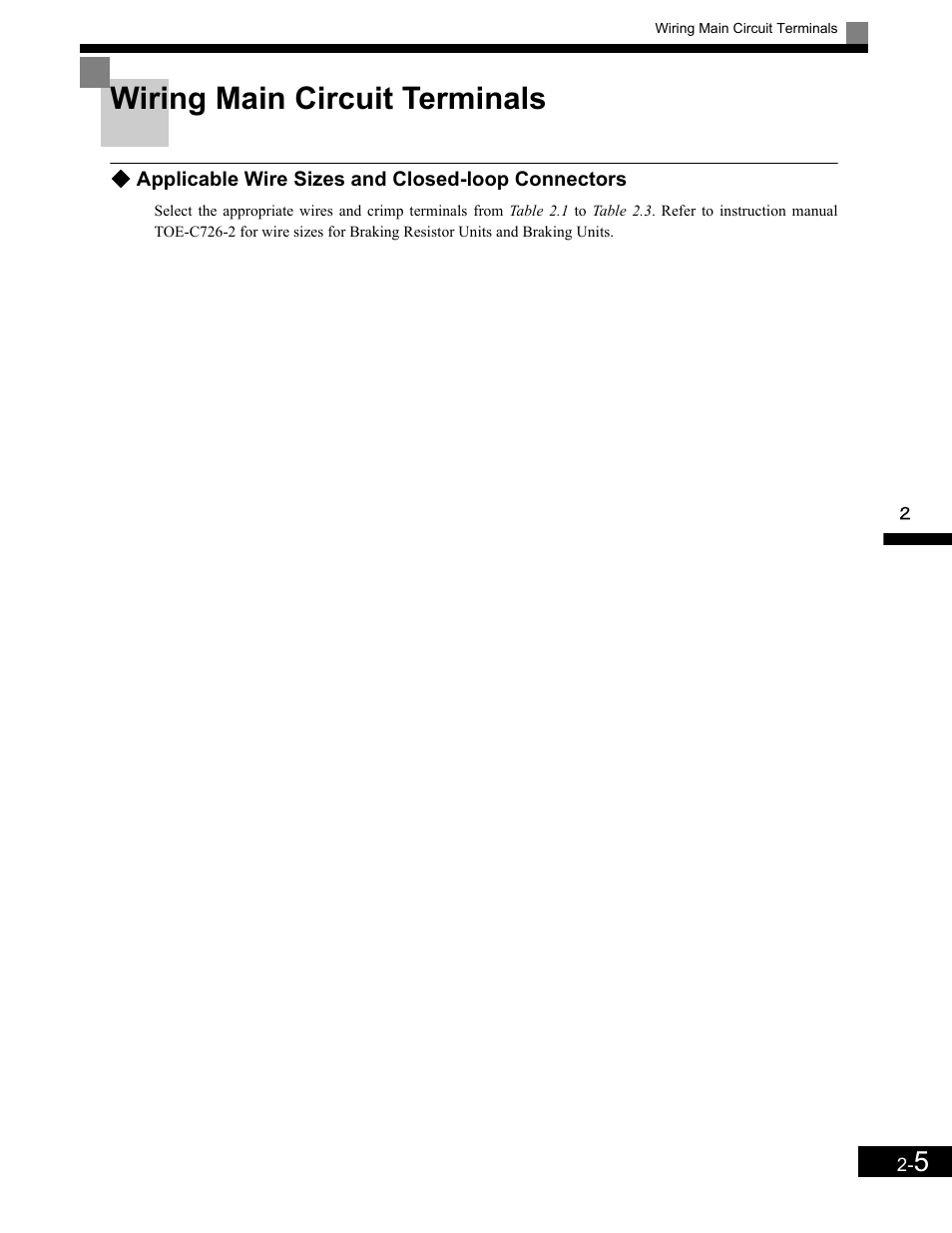 Wiring main circuit terminals, Applicable wire sizes and closed-loop connectors, Wiring main circuit terminals -5 | Yaskawa G7 Drive User Manual | Page 36 / 454