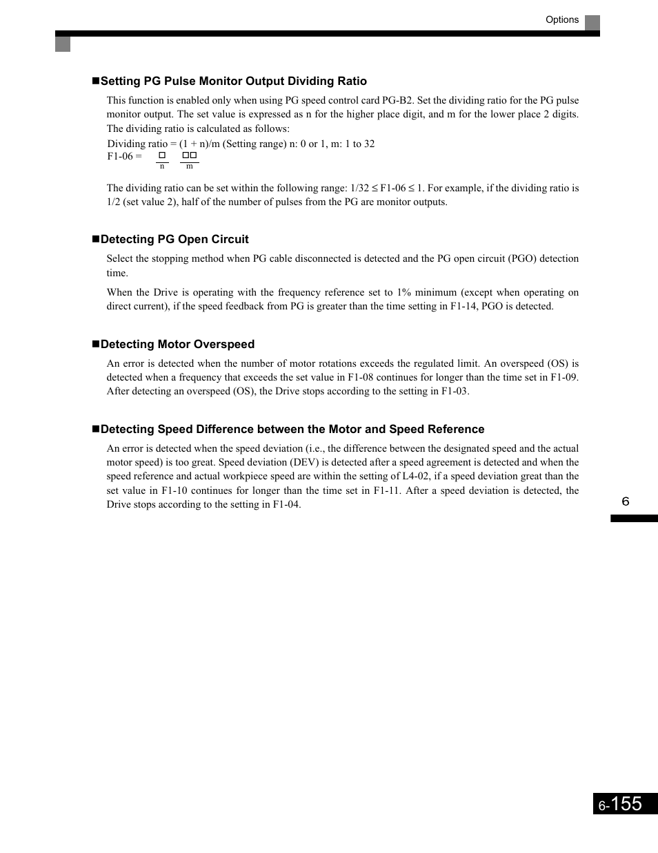 Setting pg pulse monitor output dividing ratio, Detecting pg open circuit, Detecting motor overspeed | Yaskawa G7 Drive User Manual | Page 372 / 454