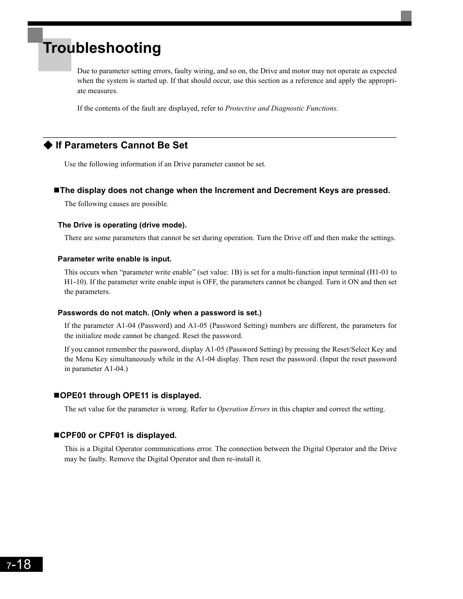 Troubleshooting, If parameters cannot be set, The drive is operating (drive mode) | Parameter write enable is input, Ope01 through ope11 is displayed, Cpf00 or cpf01 is displayed, Troubleshooting -18, If parameters cannot be set -18 | Yaskawa G7 Drive User Manual | Page 399 / 454