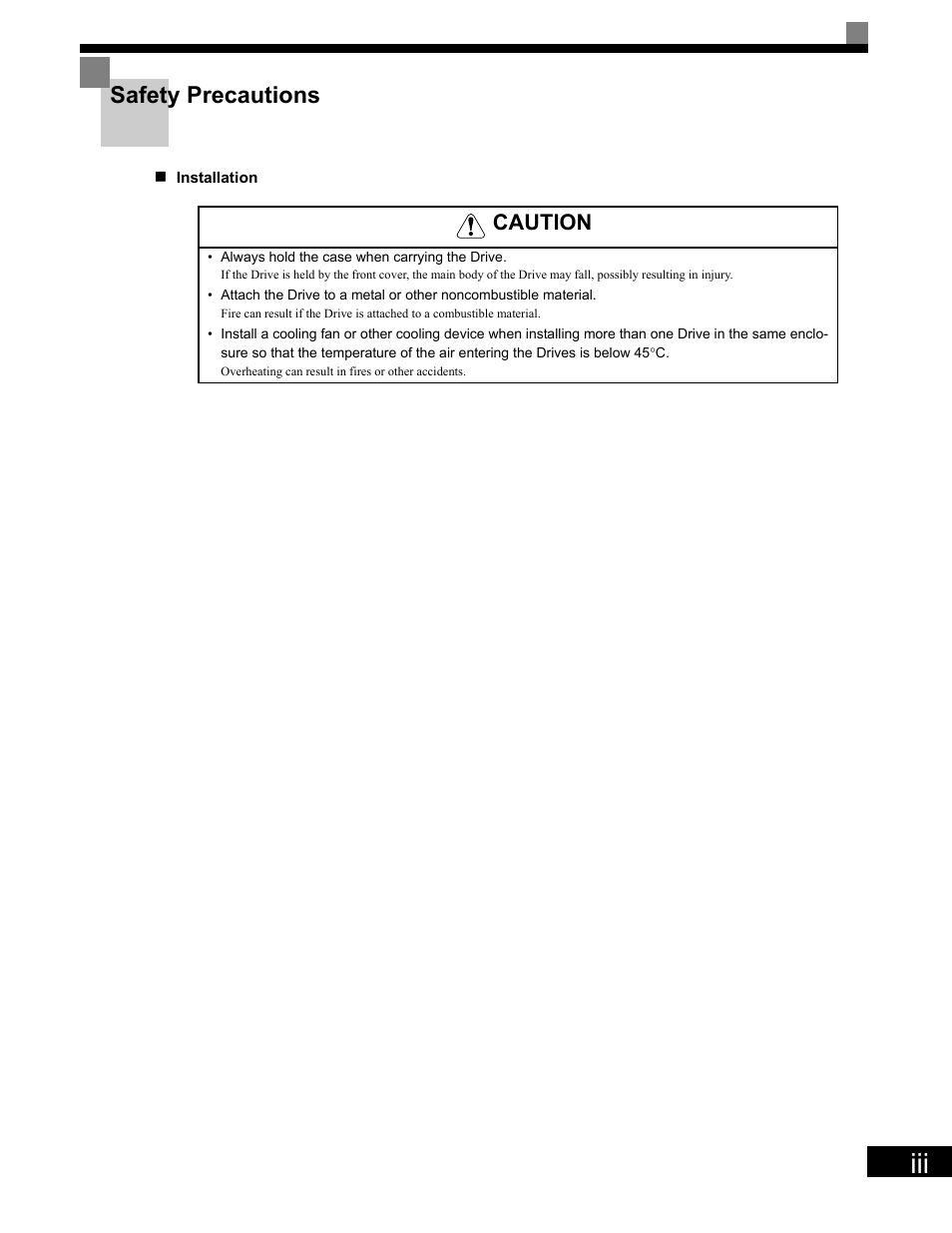 Safety precautions, Caution | Yaskawa G7 Drive User Manual | Page 4 / 454