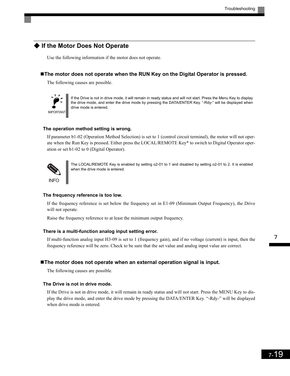 The operation method setting is wrong, The frequency reference is too low, The drive is not in drive mode | If the motor does not operate | Yaskawa G7 Drive User Manual | Page 400 / 454