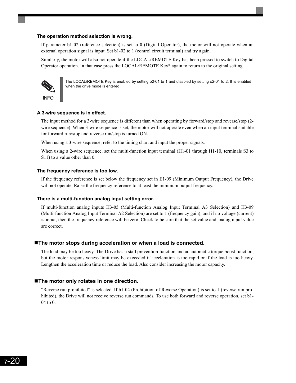 The operation method selection is wrong, A 3-wire sequence is in effect, The frequency reference is too low | The motor only rotates in one direction | Yaskawa G7 Drive User Manual | Page 401 / 454