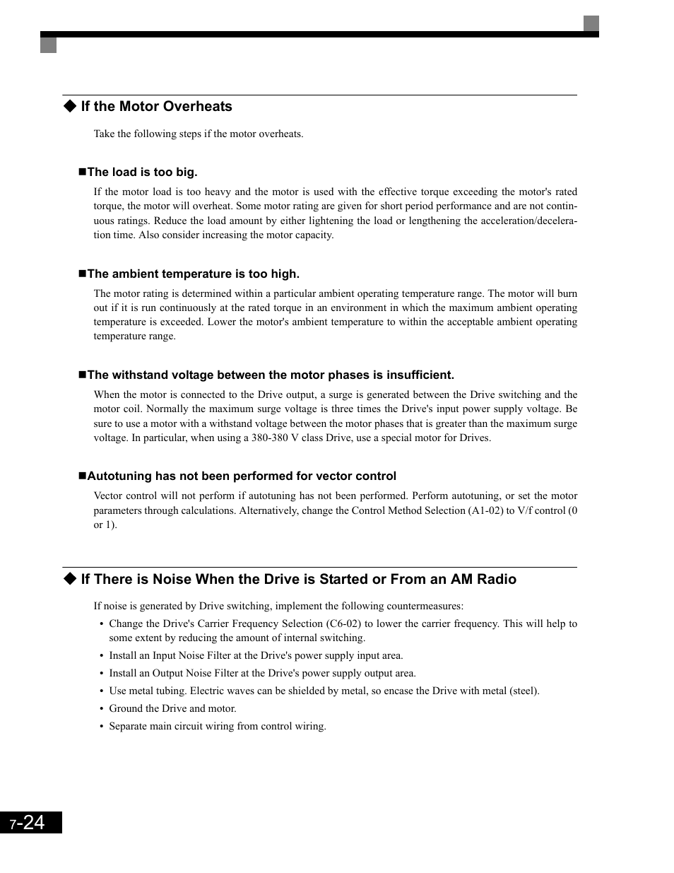 If the motor overheats, The load is too big, The ambient temperature is too high | If the motor overheats -24 | Yaskawa G7 Drive User Manual | Page 405 / 454