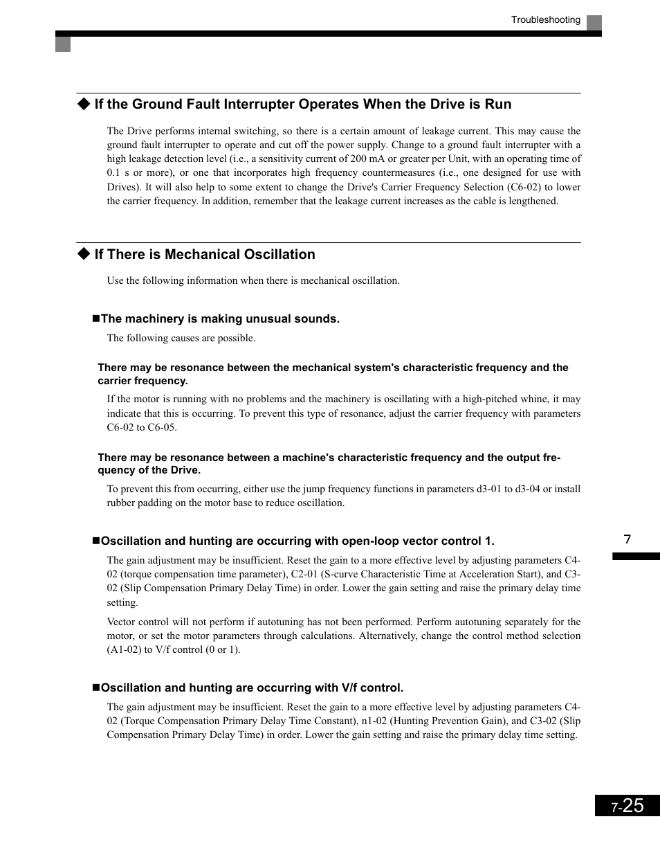 If there is mechanical oscillation, The machinery is making unusual sounds, If there is mechanical oscillation -25 | Yaskawa G7 Drive User Manual | Page 406 / 454