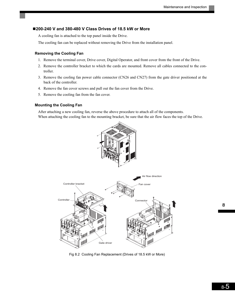 Removing the cooling fan, Mounting the cooling fan | Yaskawa G7 Drive User Manual | Page 414 / 454