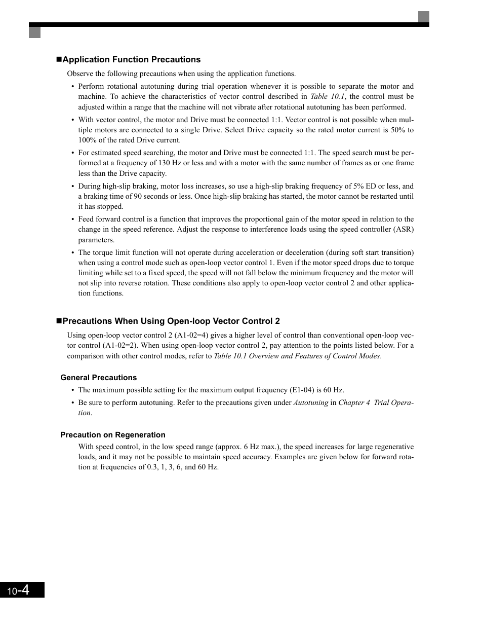 Precautions when using open-loop vector control 2, General precautions, Precaution on regeneration | Yaskawa G7 Drive User Manual | Page 427 / 454