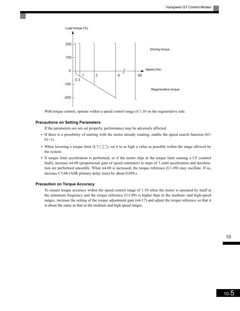 Precautions on setting parameters, Precaution on torque accuracy | Yaskawa G7 Drive User Manual | Page 428 / 454