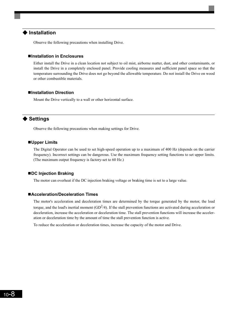 Installation in enclosures, Installation direction, Settings | Upper limits, Dc injection braking, Acceleration/deceleration times, Installation -8, Settings -8 | Yaskawa G7 Drive User Manual | Page 431 / 454