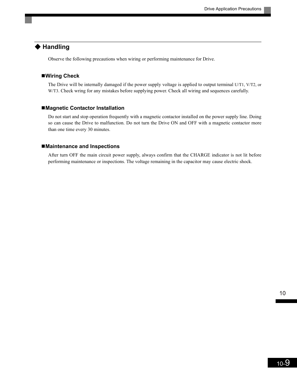 Wiring check, Magnetic contactor installation, Maintenance and inspections | Handling -9 | Yaskawa G7 Drive User Manual | Page 432 / 454