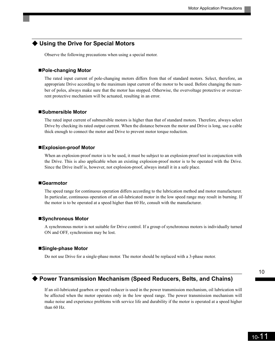 Using the drive for special motors, Pole-changing motor, Submersible motor | Explosion-proof motor, Gearmotor, Synchronous motor, Single-phase motor, Using the drive for special motors -11 | Yaskawa G7 Drive User Manual | Page 434 / 454