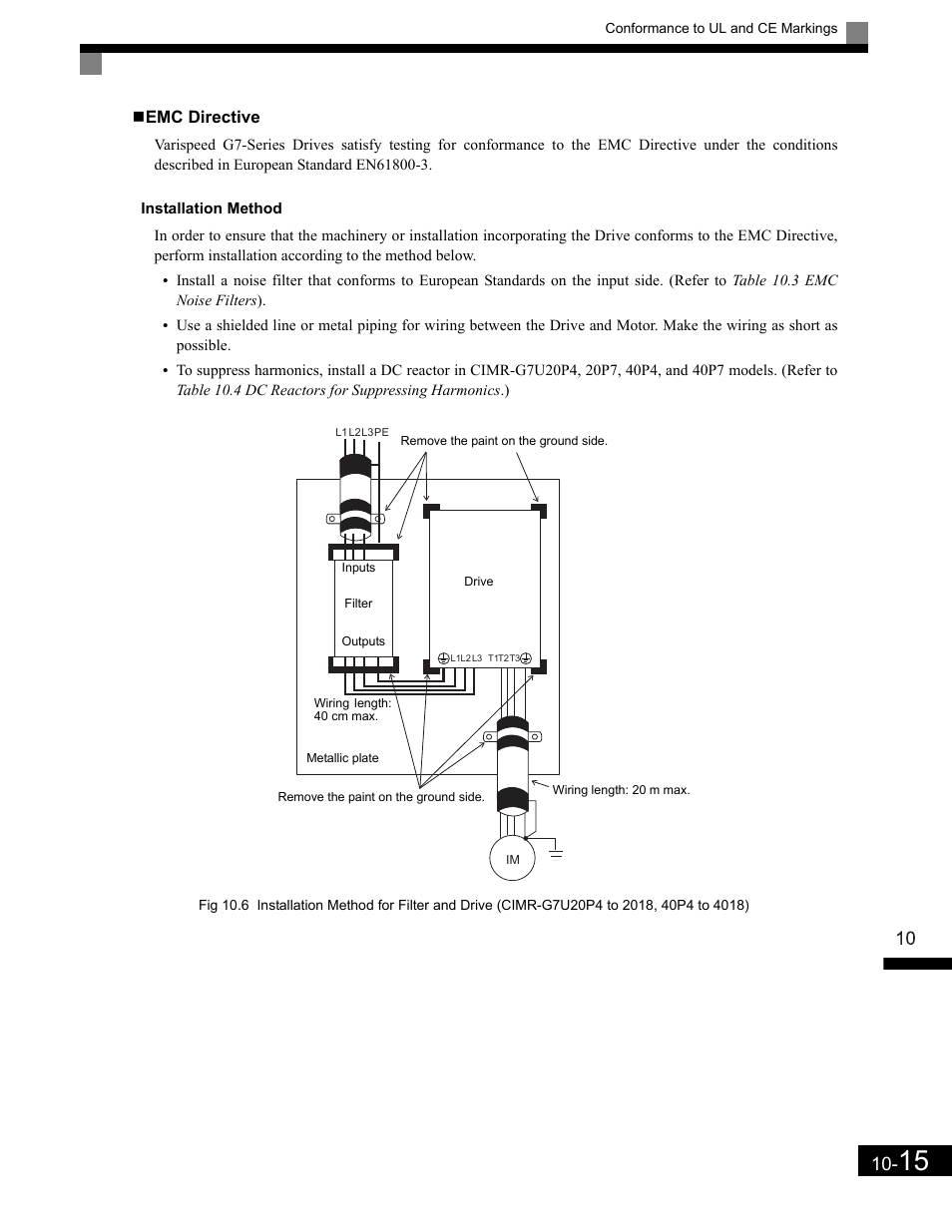 Emc directive, Installation method | Yaskawa G7 Drive User Manual | Page 438 / 454