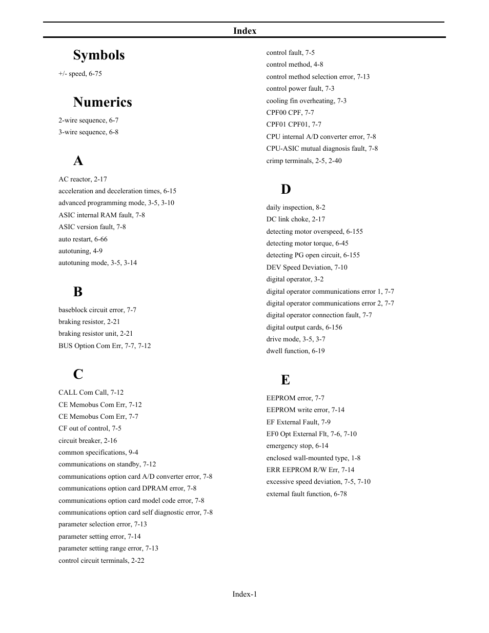Symbols, Numerics | Yaskawa G7 Drive User Manual | Page 448 / 454