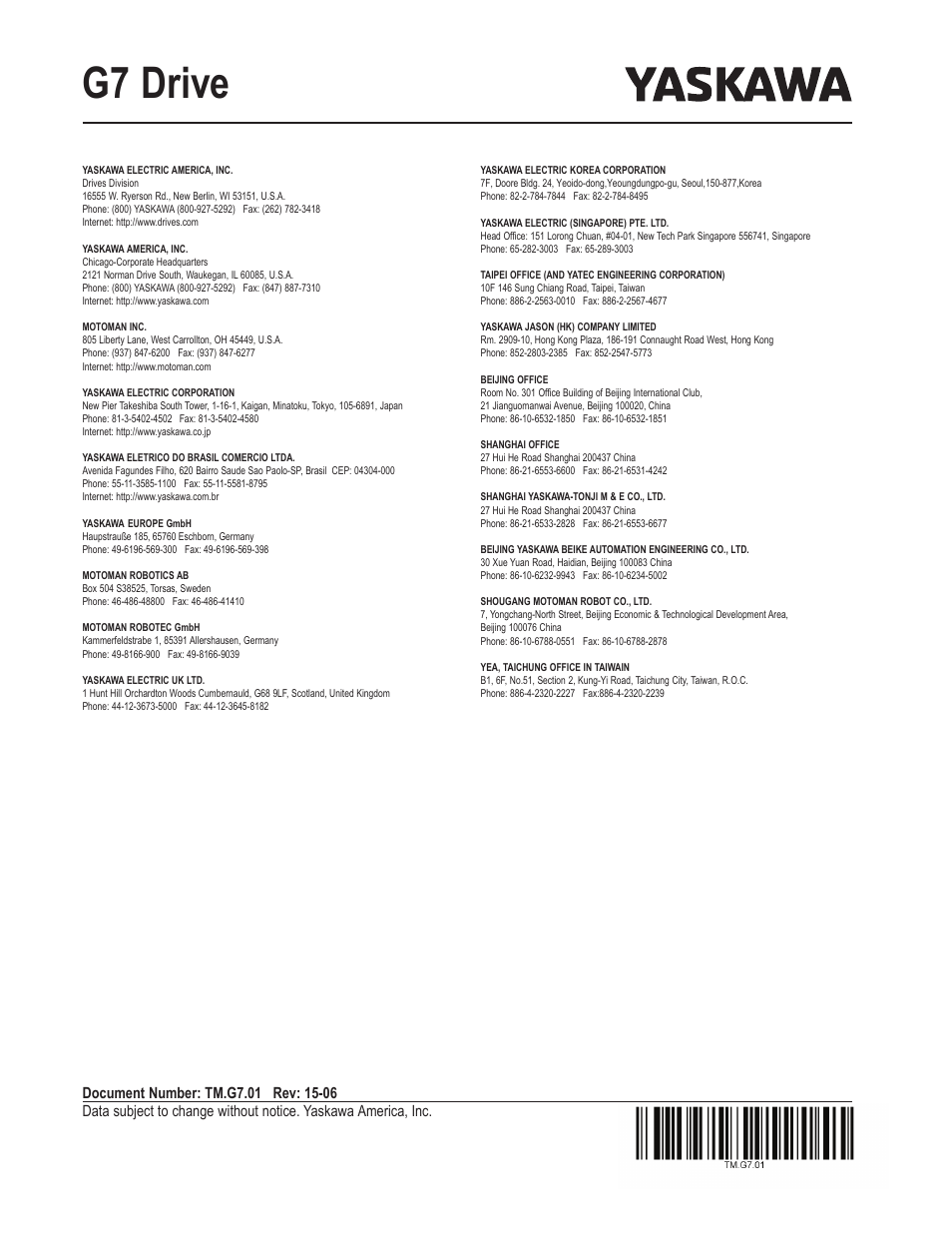 G7 drive | Yaskawa G7 Drive User Manual | Page 454 / 454