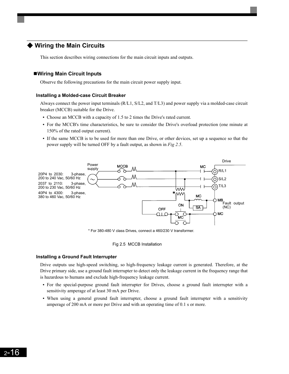 Wiring the main circuits, Wiring main circuit inputs, Installing a molded-case circuit breaker | Installing a ground fault interrupter, Wiring the main circuits -16 | Yaskawa G7 Drive User Manual | Page 47 / 454