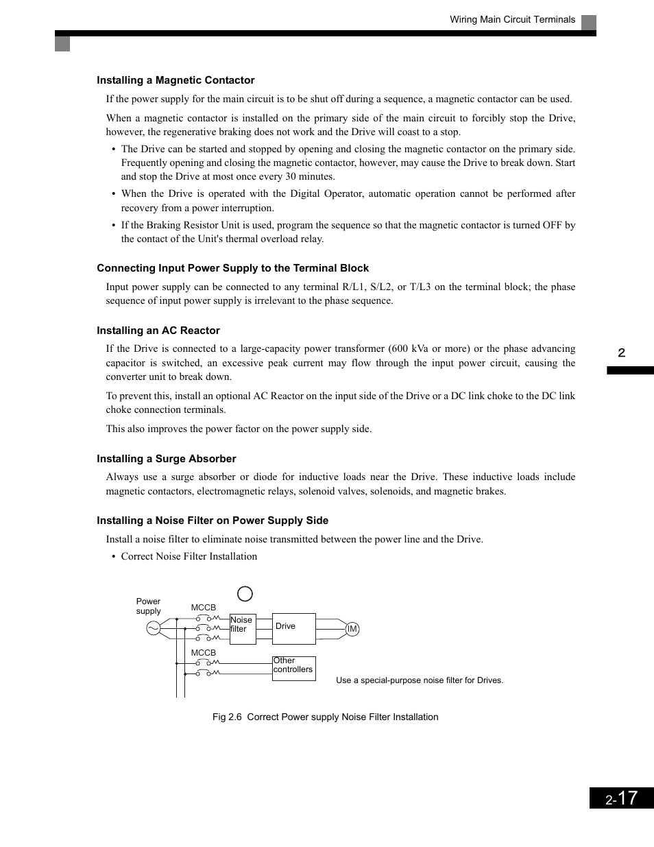 Installing an ac reactor, Installing a surge absorber, Installing a noise filter on power supply side | Yaskawa G7 Drive User Manual | Page 48 / 454