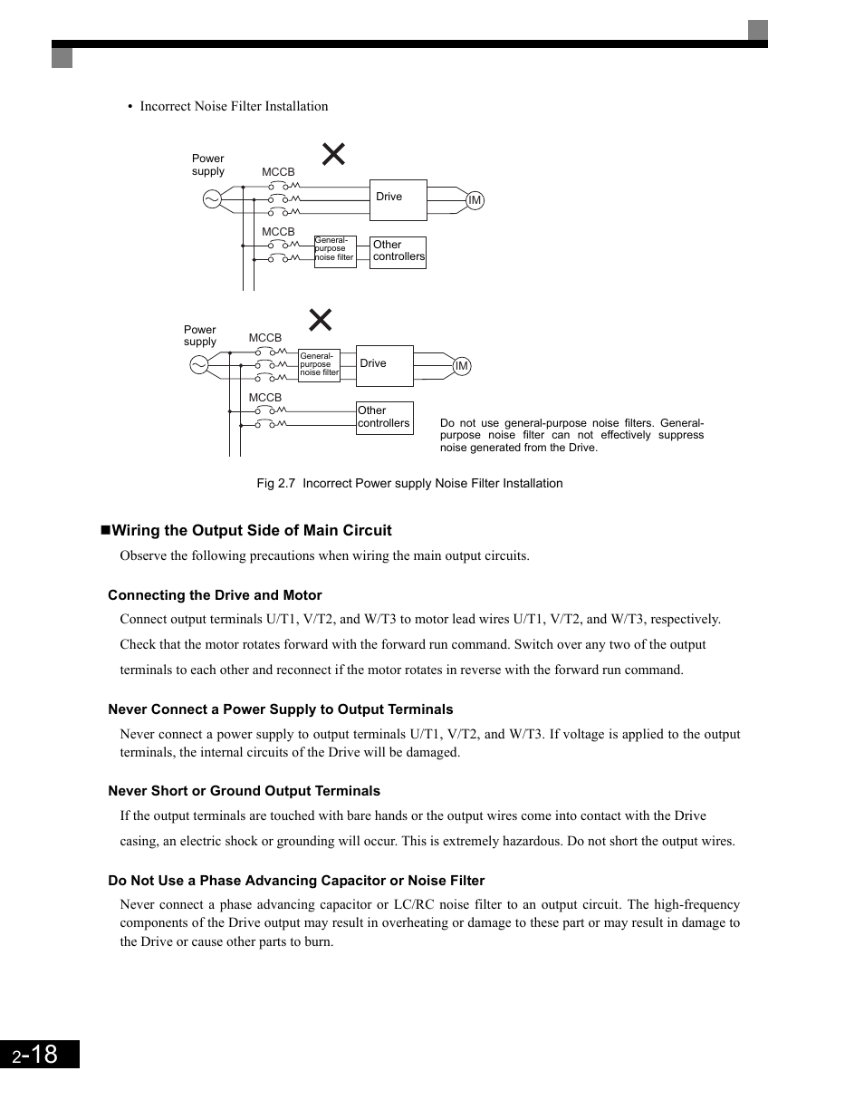 Wiring the output side of main circuit, Connecting the drive and motor, Never connect a power supply to output terminals | Never short or ground output terminals | Yaskawa G7 Drive User Manual | Page 49 / 454