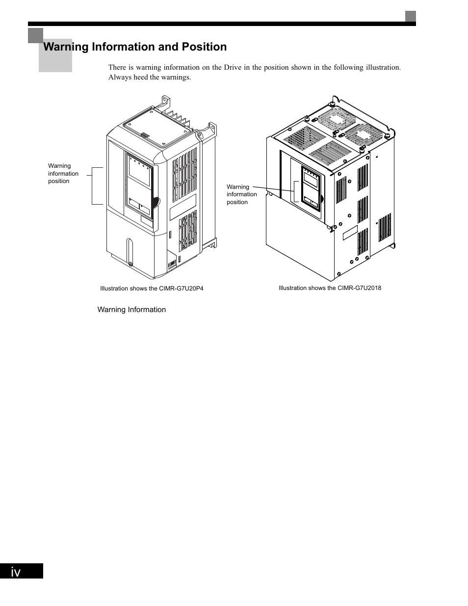 Warning information and position | Yaskawa G7 Drive User Manual | Page 5 / 454