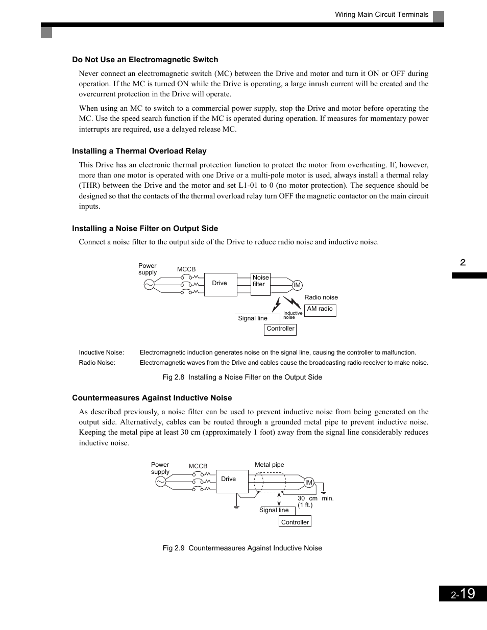 Do not use an electromagnetic switch, Installing a noise filter on output side, Countermeasures against inductive noise | Yaskawa G7 Drive User Manual | Page 50 / 454