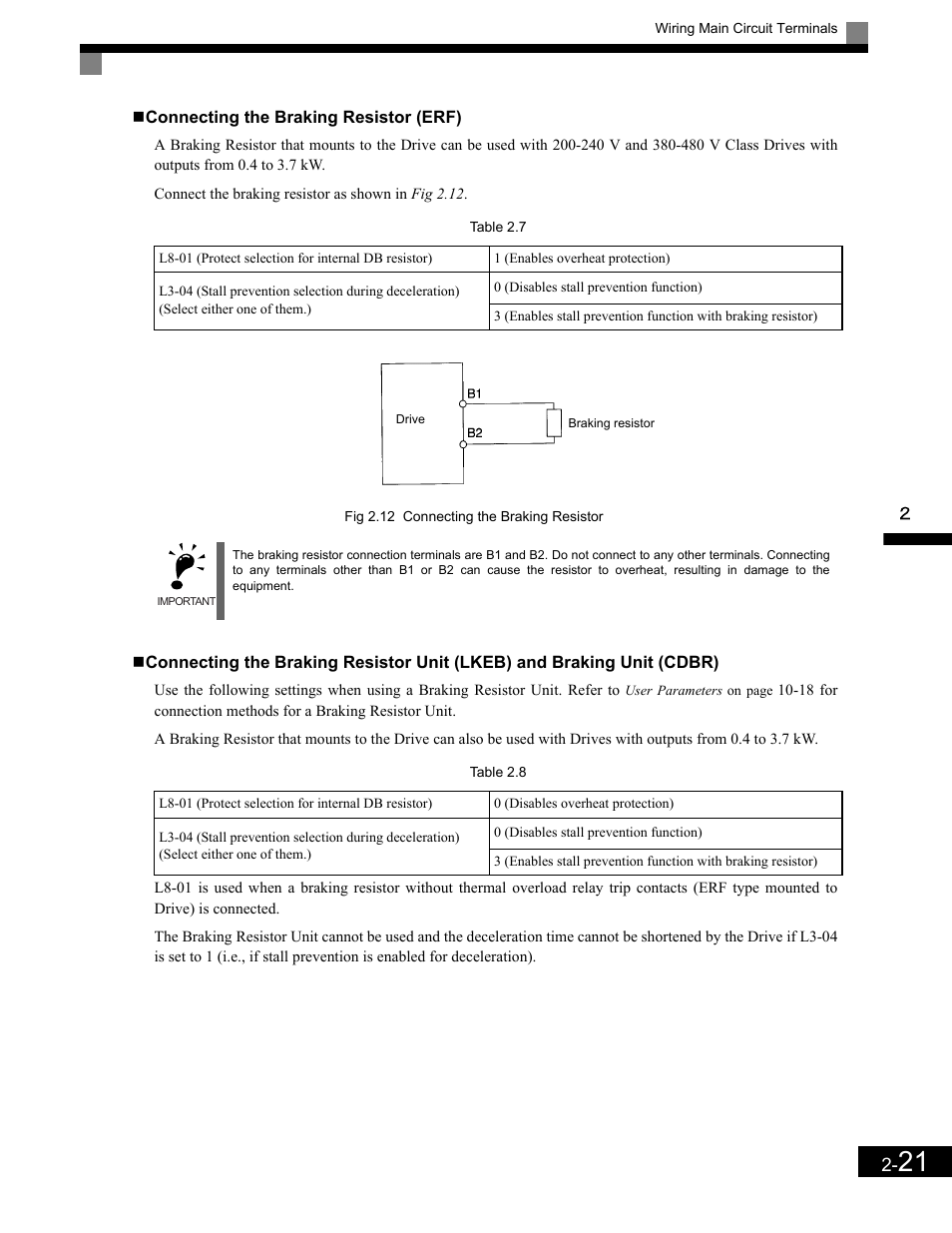 Connecting the braking resistor (erf) | Yaskawa G7 Drive User Manual | Page 52 / 454