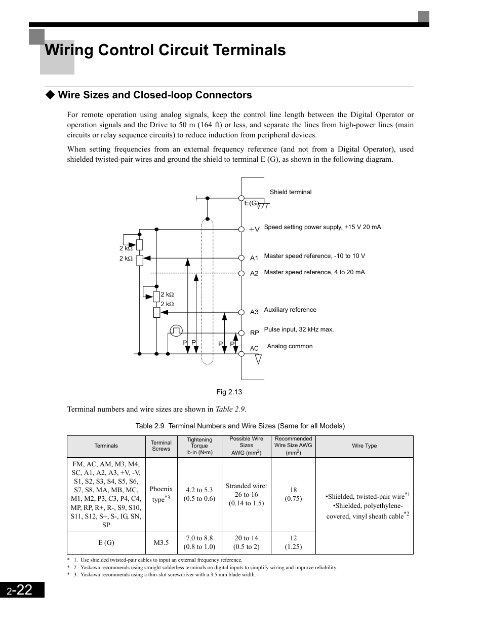 Wiring control circuit terminals, Wire sizes and closed-loop connectors, Wiring control circuit terminals -22 | Wire sizes and closed-loop connectors -22 | Yaskawa G7 Drive User Manual | Page 53 / 454